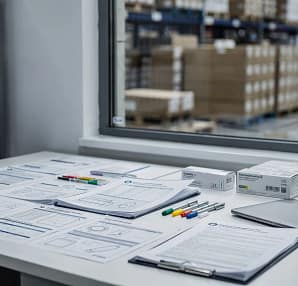 Scrivania regolatoria con fogli illustrativi, etichette e documenti tecnici per farmaci e dispositivi tra Italia e Germania